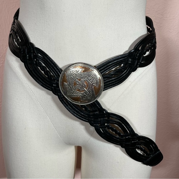 Vintage Bohemian Black Leather Wide Woven Southwestern Belt with Brass/Concho. main image 8